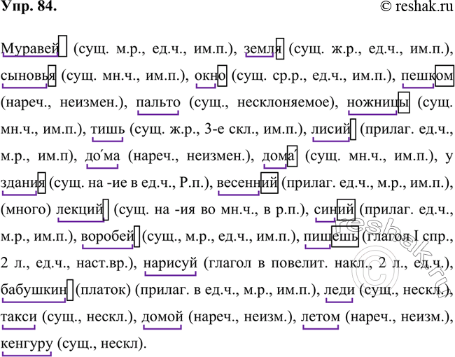 Изображение Запишите слова. Выделите в них основу и окончание, укажите грамматическое значение.Муравей, земля, сыновья, окно, пешком, пальто, ножницы, тишь, лисий, дома, дома, у...