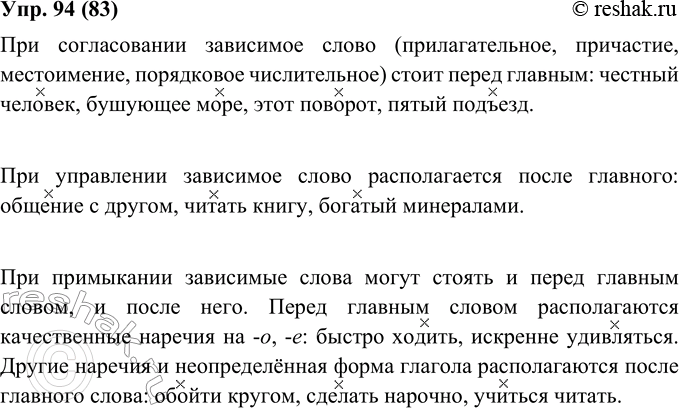 Изображение 94. Рассмотрите схемы. Каков обычный порядок слов в словосочетании при согласовании, управлении, примыкании? Приведите примеры.При согласовании зависимое слово...
